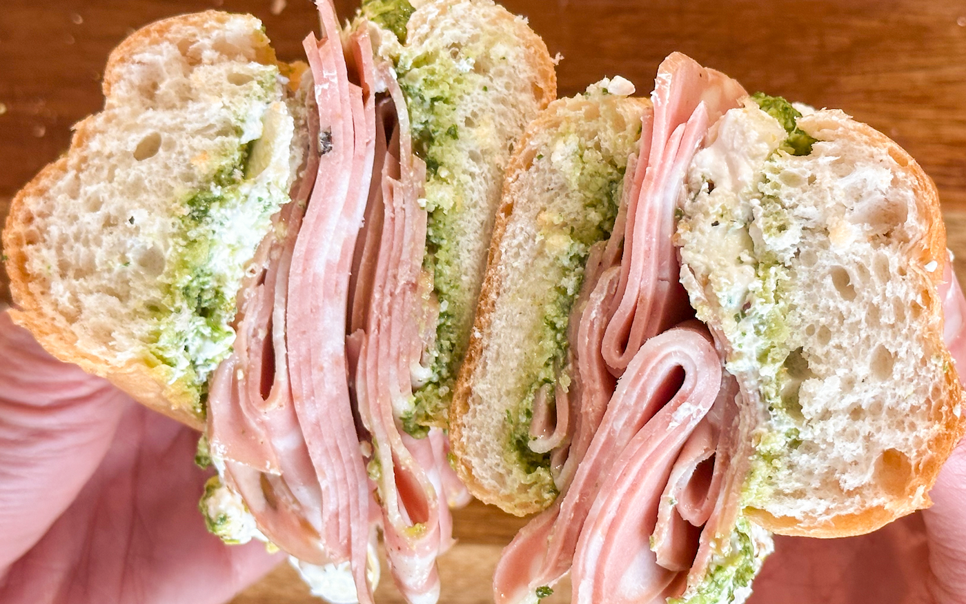 Mortadella sandwich, halved